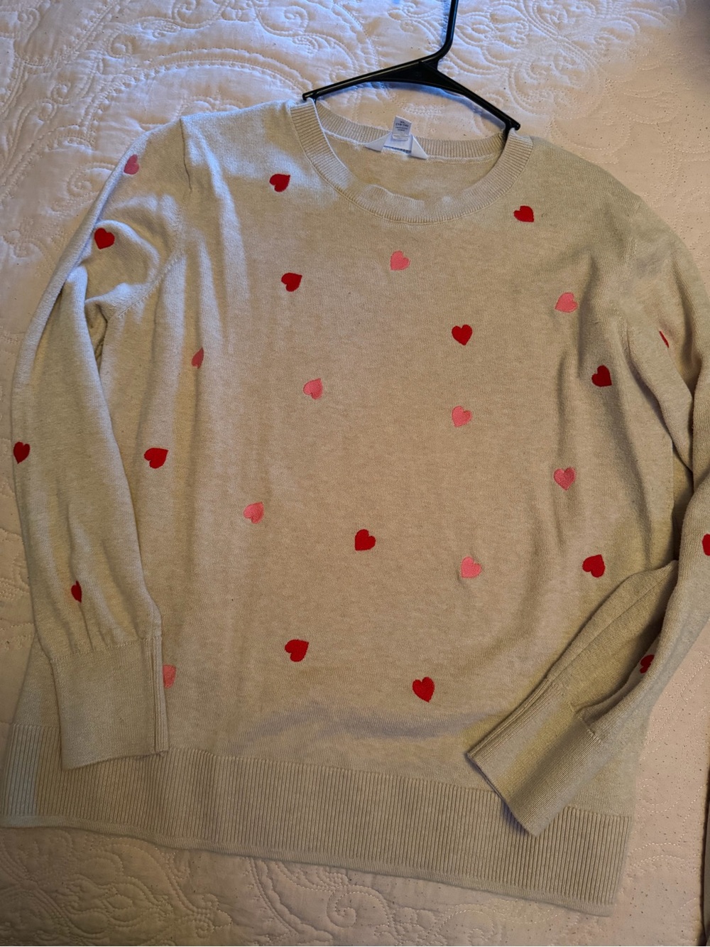 Time and Tru Beige Crewneck Sweater with Red & Pink Hearts & light pink heart